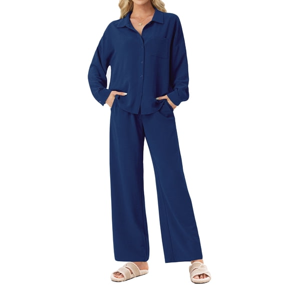 MINTREUS Lounge Sets for Women Casual Long Sleeve Button Down Shirt and Drawstring Wide Leg Pants Two Piece Outfits with Pockets Pjs