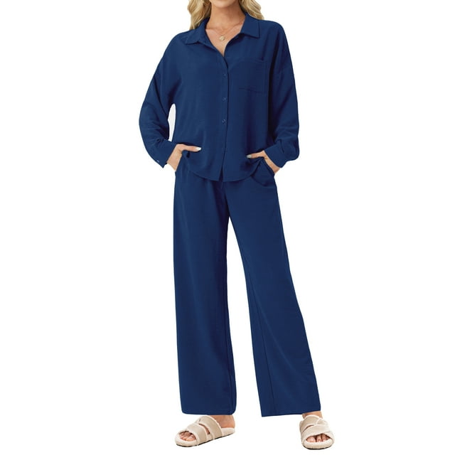 MINTREUS Lounge Sets for Women Casual Long Sleeve Button Down Shirt and Drawstring Wide Leg Pants Two Piece Outfits with Pockets Pjs