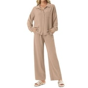 MINTREUS Lounge Sets for Women Casual Long Sleeve Button Down Shirt and Drawstring Wide Leg Pants Two Piece Outfits with Pockets Pjs