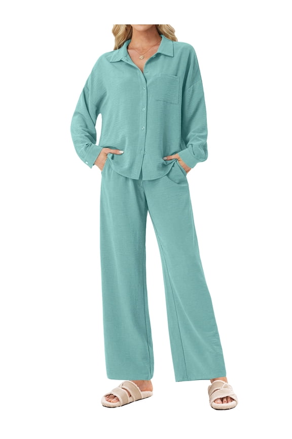 Lounge Sets for Women Casual Long Sleeve Button Down Shirt and Drawstring Wide Leg Pants Two Piece Outfits with Pockets Pjs