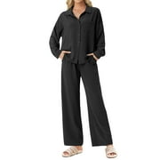 MINTREUS Lounge Sets for Women Casual Long Sleeve Button Down Shirt and Drawstring Wide Leg Pants Two Piece Outfits with Pockets Pjs