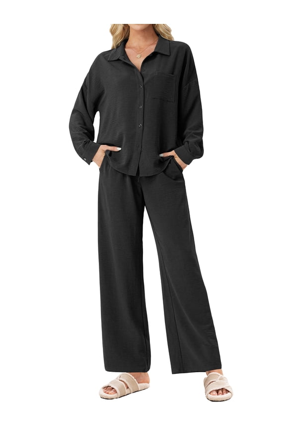 Lounge Sets for Women Casual Long Sleeve Button Down Shirt and Drawstring Wide Leg Pants Two Piece Outfits with Pockets Pjs