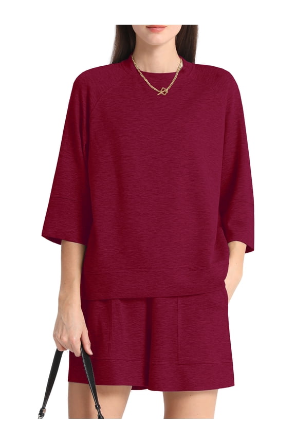 Women's Mock Neck Lounge Set 3/4 Sleeve Tops and Elastic Waist Shorts Cozy Loungewear Sweatsuit with Pockets