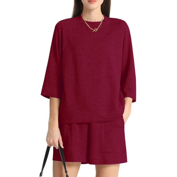 MINTREUS Women's Mock Neck Lounge Set 3/4 Sleeve Tops and Elastic Waist Shorts Cozy Loungewear Sweatsuit with Pockets