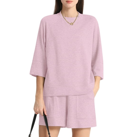MINTREUS Women's Mock Neck Lounge Set 3/4 Sleeve Tops and Elastic Waist Shorts Cozy Loungewear Sweatsuit with Pockets