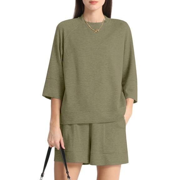 MINTREUS Women's Mock Neck Lounge Set 3/4 Sleeve Tops and Elastic Waist Shorts Cozy Loungewear Sweatsuit with Pockets