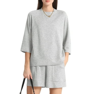 MINTREUS Women's Mock Neck Lounge Set 3/4 Sleeve Tops and Elastic Waist Shorts Cozy Loungewear Sweatsuit with Pockets