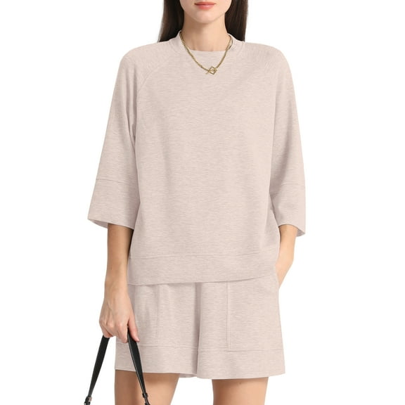 MINTREUS Women's Mock Neck Lounge Set 3/4 Sleeve Tops and Elastic Waist Shorts Cozy Loungewear Sweatsuit with Pockets