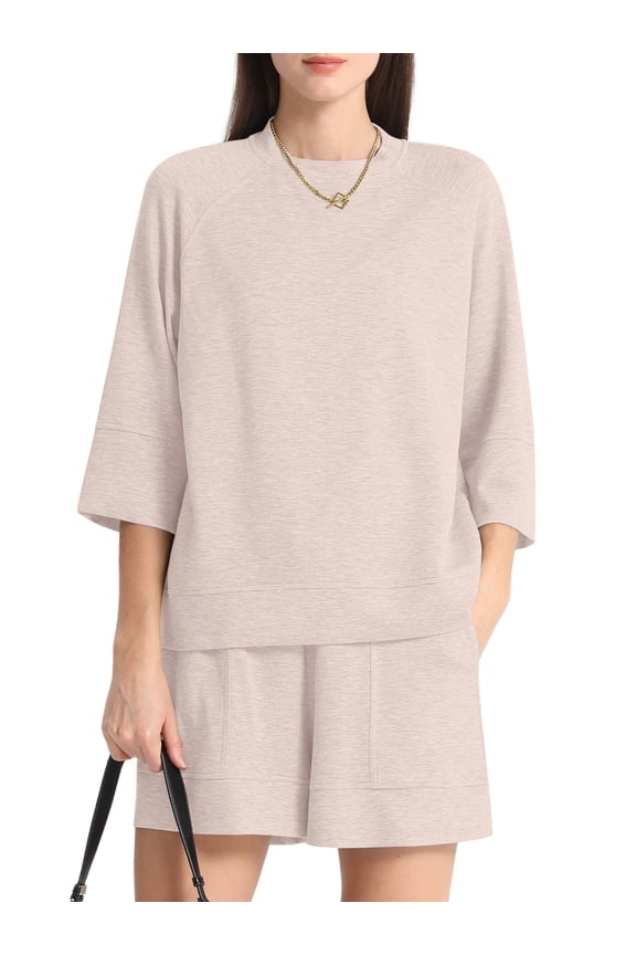 Women's Mock Neck Lounge Set 3/4 Sleeve Tops and Elastic Waist Shorts Cozy Loungewear Sweatsuit with Pockets