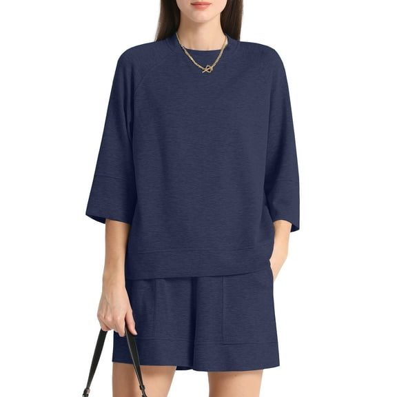 MINTREUS Women's Mock Neck Lounge Set 3/4 Sleeve Tops and Elastic Waist Shorts Cozy Loungewear Sweatsuit with Pockets