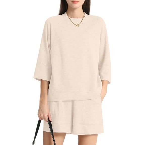 MINTREUS Women's Mock Neck Lounge Set 3/4 Sleeve Tops and Elastic Waist Shorts Cozy Loungewear Sweatsuit with Pockets