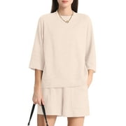 MINTREUS Womens Mock Neck Lounge Set 3/4 Sleeve Tops and Elastic Waist Shorts Cozy Loungewear Sweatsuit with Pockets