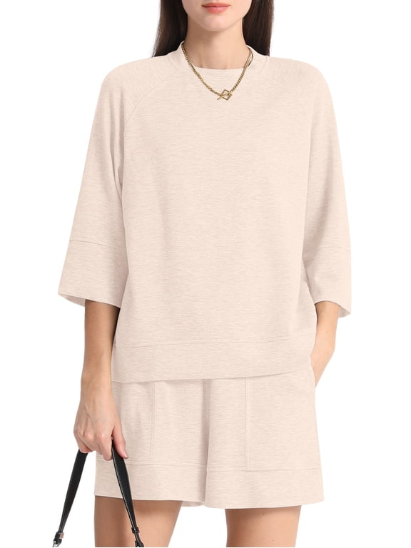 Women's Mock Neck Lounge Set 3/4 Sleeve Tops and Elastic Waist Shorts Cozy Loungewear Sweatsuit with Pockets