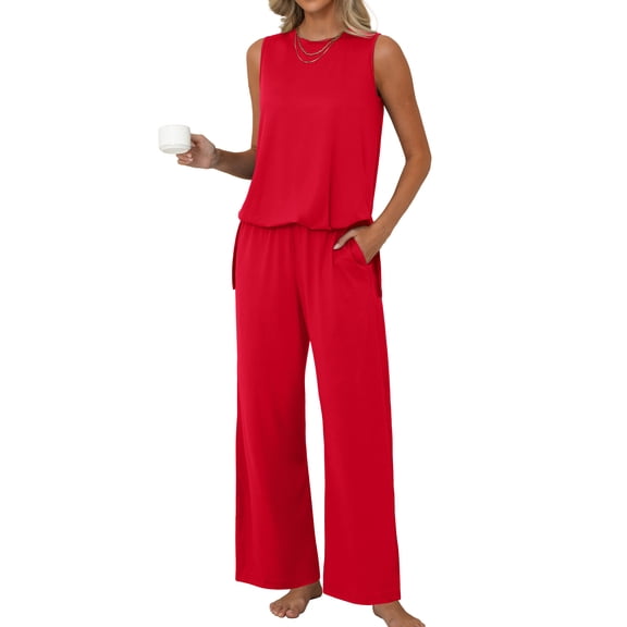 MINTREUS Lounge Sets for Women Knit Loose Tank Top Wide Leg Pants Soft Comfy Pajamas Set 2-Piece Outfits