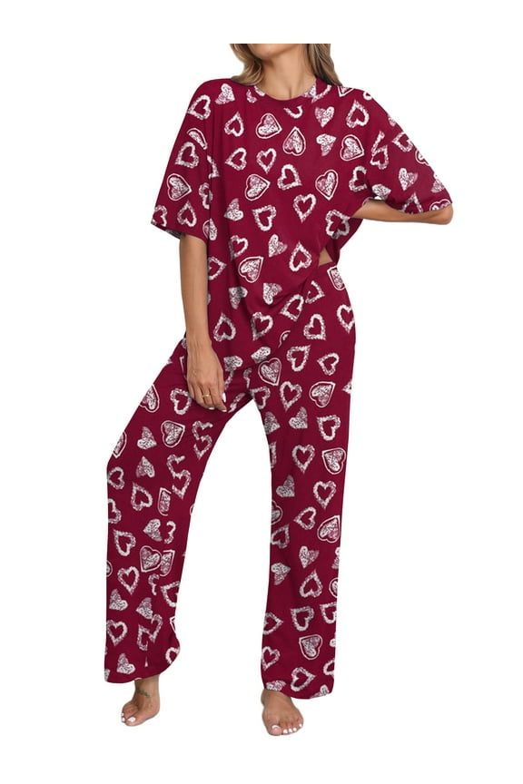Valentine's Day Lounge Sets for Women Knit Short Sleeve Tops and Long Pants Soft Comfy Pajamas Set Oversized 2 Piece Outfits S-2X