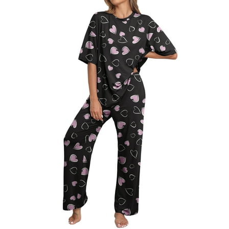 MINTREUS Valentine's Day Lounge Sets for Women Knit Short Sleeve Tops and Long Pants Soft Comfy Pajamas Set Oversized 2 Piece Outfits S-2X