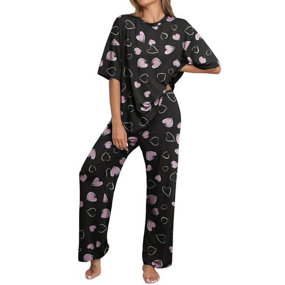 MINTREUS Lounge Sets for Women Knit Short Sleeve Tops and Long Pants Soft Comfy Pajamas Set Oversized 2 Piece Outfits Hearts Pattern