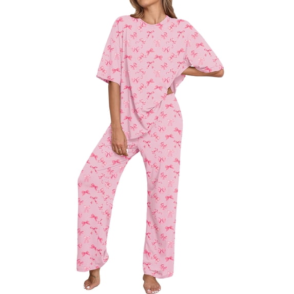 MINTREUS Valentine's Day Lounge Sets for Women Knit Short Sleeve Tops and Long Pants Soft Comfy Pajamas Set Oversized 2 Piece Outfits S-2X