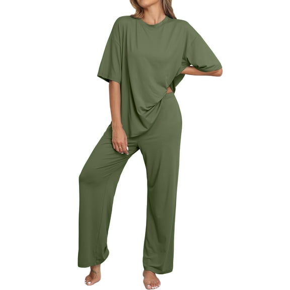 MINTREUS Lounge Sets for Women Knit Short Sleeve Tops and Long Pants Soft Comfy Pajamas Set Oversized 2 Piece Outfits S-4X