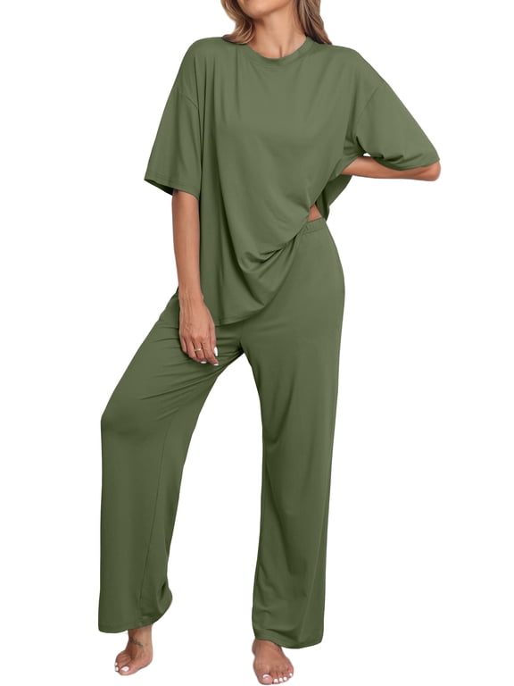 Lounge Sets for Women Knit Short Sleeve Tops and Long Pants Soft Comfy Pajamas Set Oversized 2 Piece Outfits S-4X