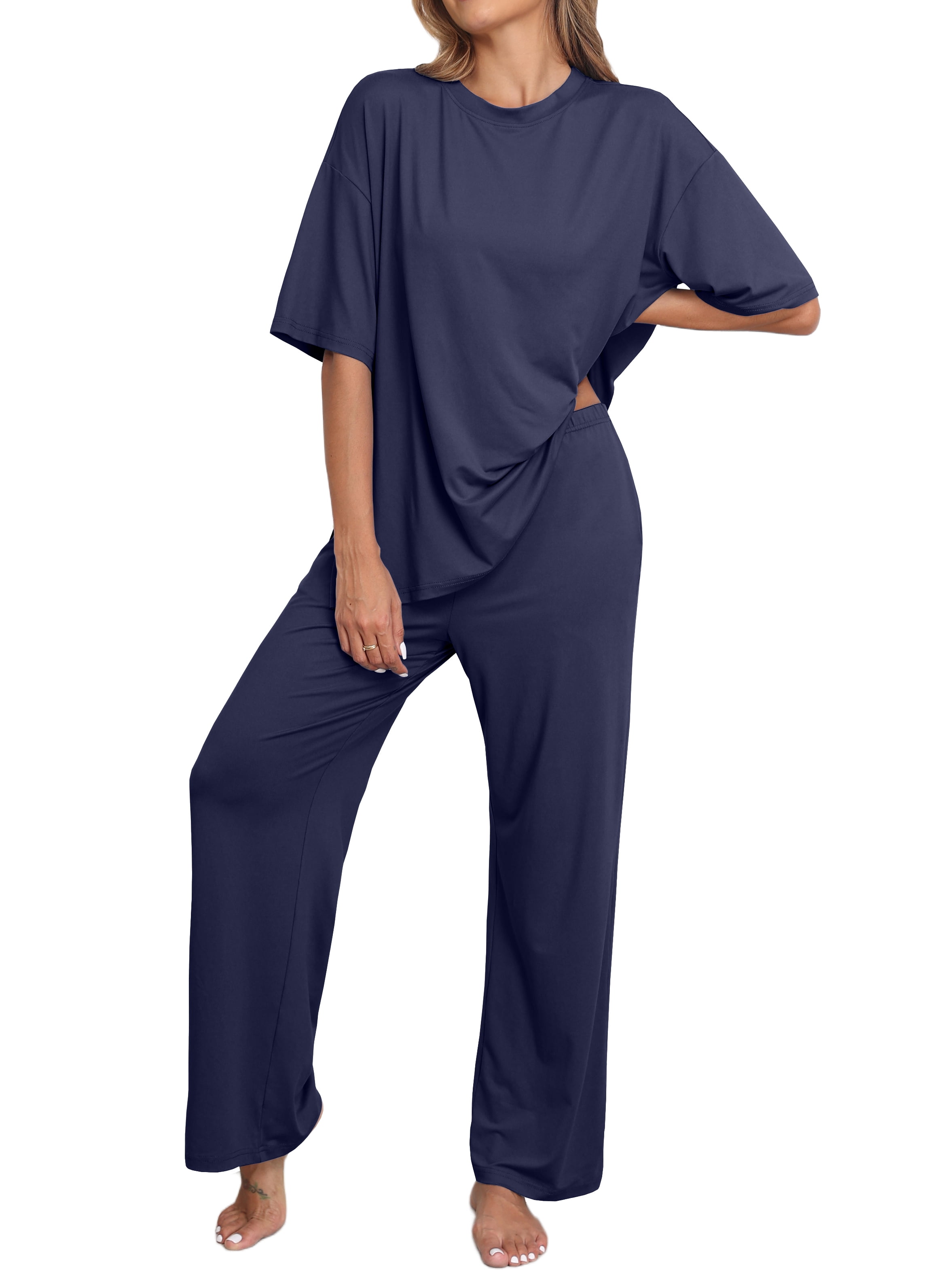 Walmart Black Friday Deals 2025 - MINTREUS Lounge Sets for Women, Knit Short Sleeve Top and Wide-Leg Pants Pajamas, Casual PJs