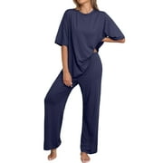 MINTREUS Lounge Sets for Women Knit Short Sleeve Tops and Long Pants Soft Comfy Pajamas Set Oversized 2 Piece Outfits