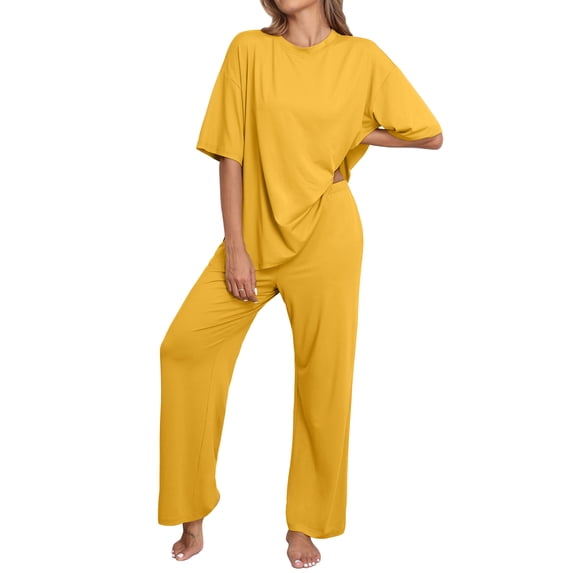 MINTREUS Lounge Sets for Women Knit Short Sleeve Tops and Long Pants Soft Comfy Pajamas Set Oversized 2 Piece Outfits S-2X