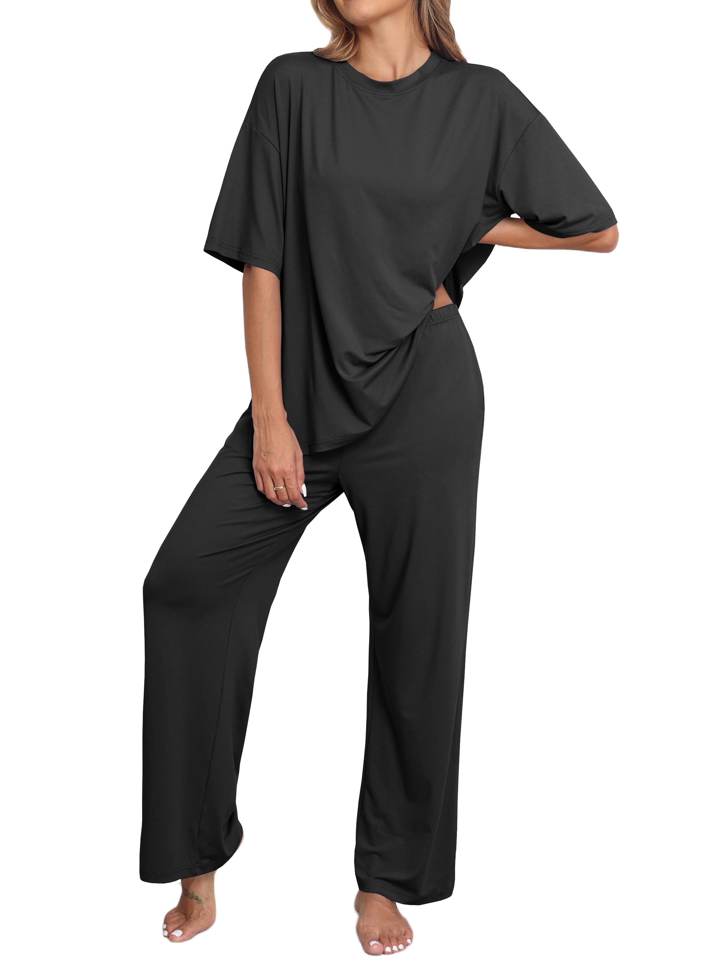 MINTREUS Lounge Sets for Women Knit Short Sleeve Tops and Long Pants Soft Comfy Pajamas Set Oversized 2 Piece Outfits