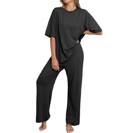 MINTREUS Lounge Sets for Women Knit Short Sleeve Tops and Long Pants Soft Comfy Pajamas Set Oversized 2 Piece Outfits S-4X
