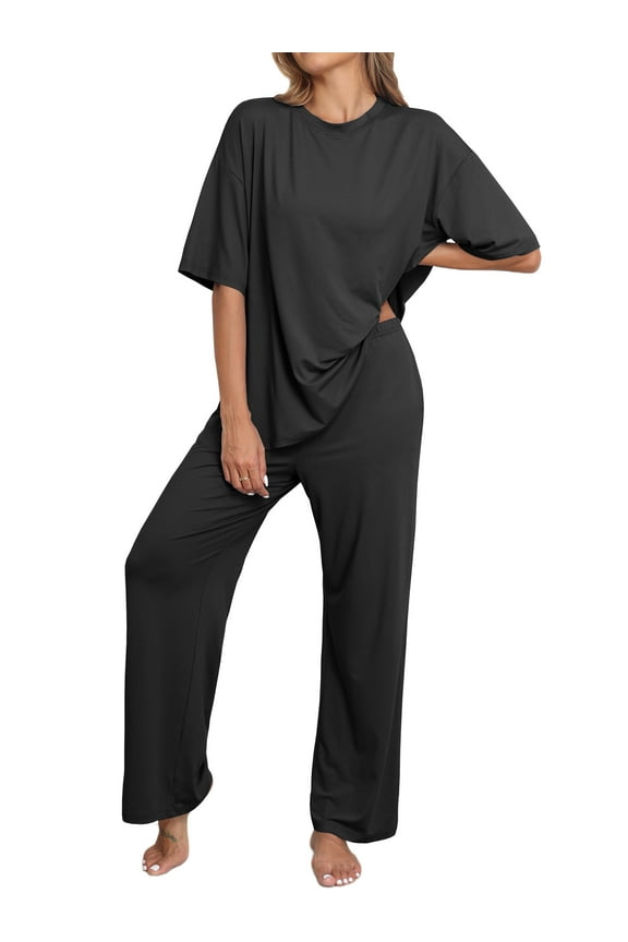 Lounge Sets for Women Knit Short Sleeve Tops and Long Pants Soft Comfy Pajamas Set Oversized 2 Piece Outfits S-4X