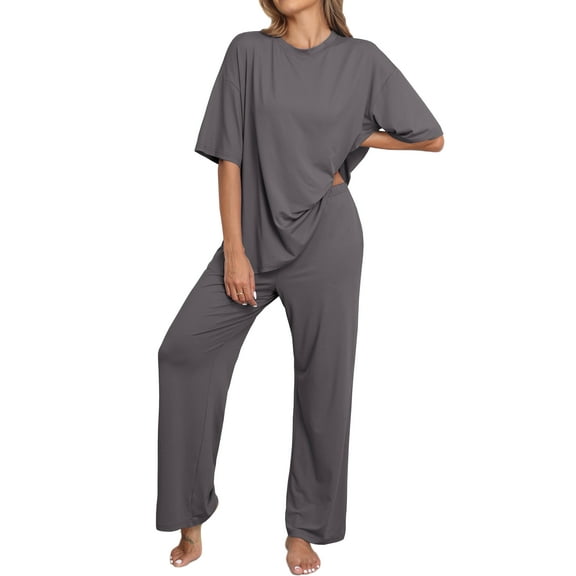 MINTREUS Lounge Sets for Women Knit Short Sleeve Tops and Long Pants Soft Comfy Pajamas Set Oversized 2 Piece Outfits