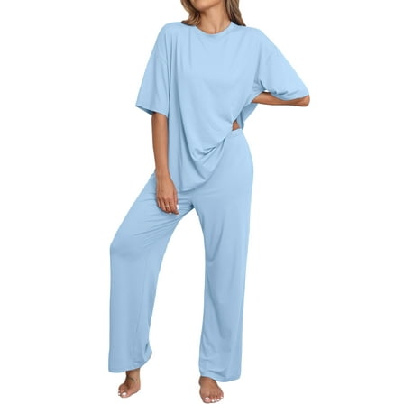 MINTREUS Lounge Sets for Women Knit Short Sleeve Tops and Long Pants Soft Comfy Pajamas Set Oversized 2 Piece Outfits S-4X