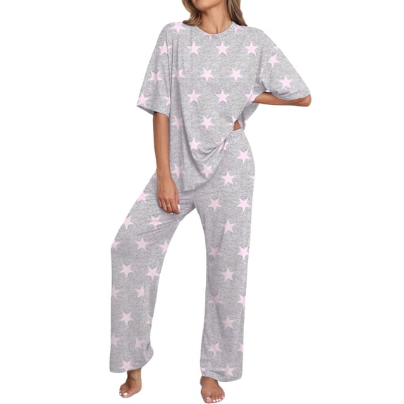 MINTREUS Lounge Sets for Women Knit Short Sleeve Tops and Long Pants Soft Comfy Pajamas Set Oversized 2 Piece Outfits S-2X