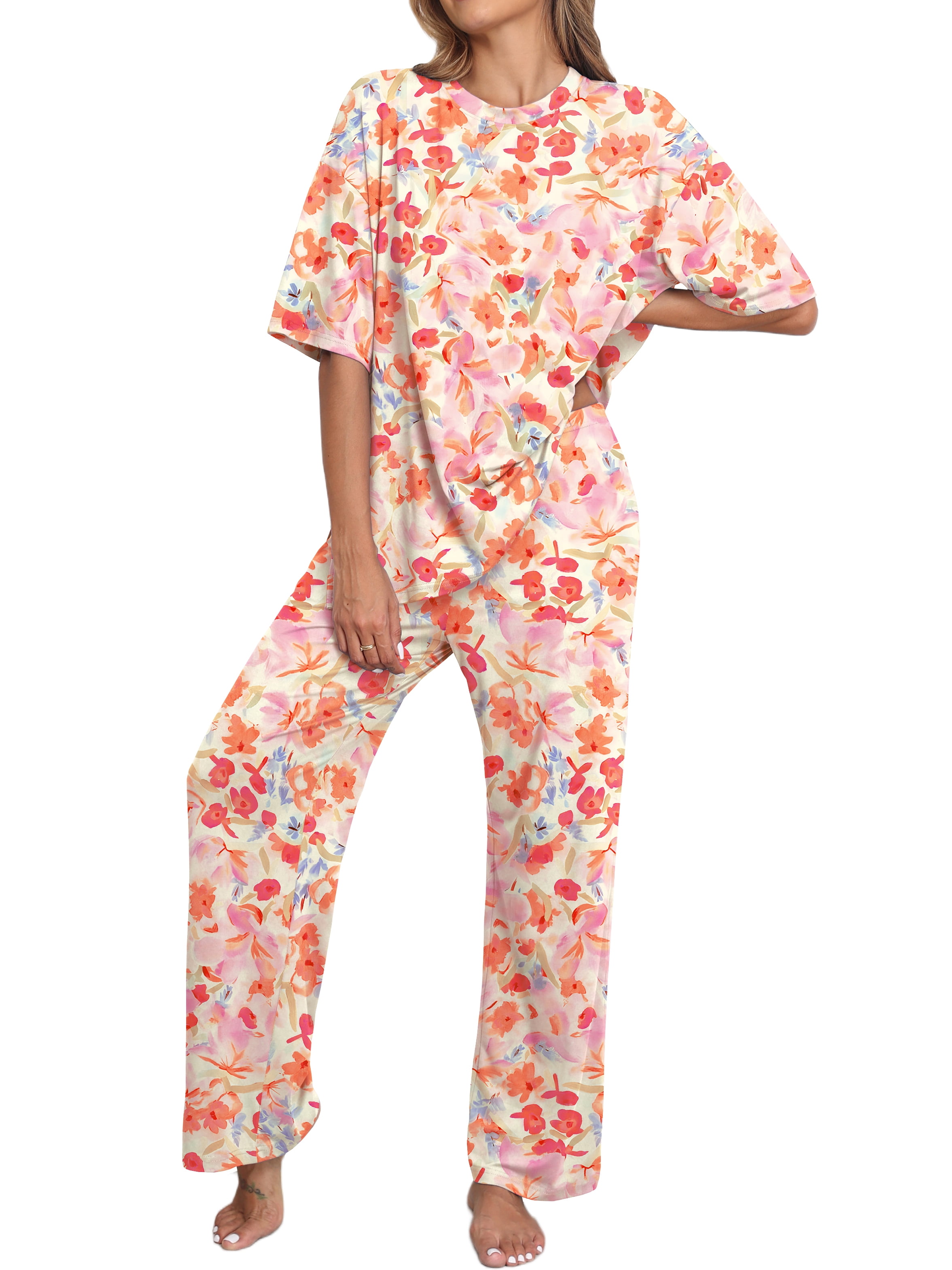MINTREUS Lounge Sets for Women Knit Short Sleeve V neck Tops and Long Pants Soft Comfy Pajamas Set Oversized 2 Piece Outfits