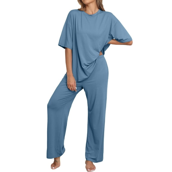MINTREUS Lounge Sets for Women Knit Short Sleeve Tops and Long Pants Soft Comfy Pajamas Set Oversized 2 Piece Outfits