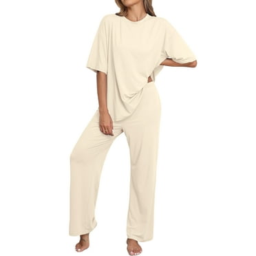 MINTREUS Lounge Sets for Women Knit Short Sleeve Tops and Long Pants Soft Comfy Pajamas Set Oversized 2 Piece Outfits