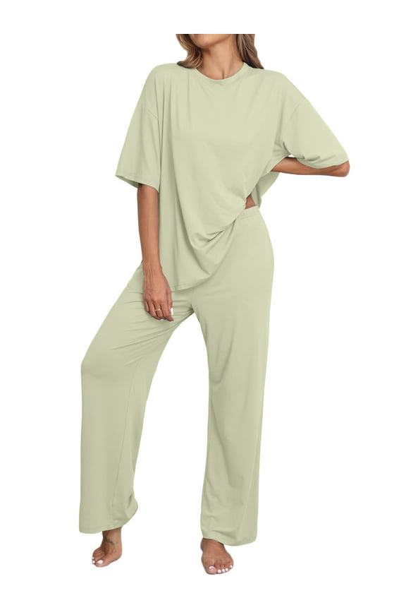 Lounge Sets for Women Knit Short Sleeve Tops and Long Pants Soft Comfy Pajamas Set Oversized 2 Piece Outfits S-2X