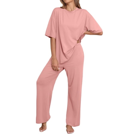 MINTREUS Valentine's Day Lounge Sets for Women Knit Short Sleeve Tops and Long Pants Soft Comfy Pajamas Set Oversized 2 Piece Outfits S-4X