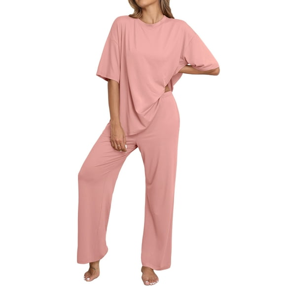 MINTREUS Valentine's Day Lounge Sets for Women Knit Short Sleeve Tops and Long Pants Soft Comfy Pajamas Set Oversized 2 Piece Outfits S-4X