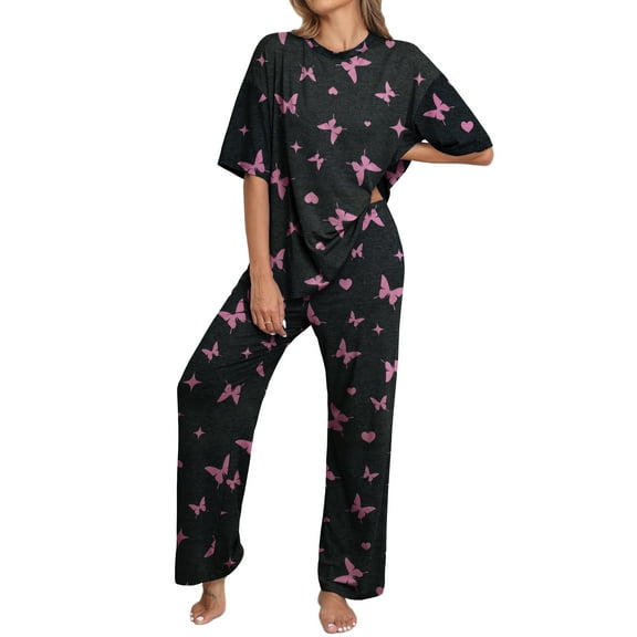 MINTREUS Valentine's Day Lounge Sets for Women Knit Short Sleeve Tops and Long Pants Soft Comfy Pajamas Set Oversized 2 Piece Outfits S-4X