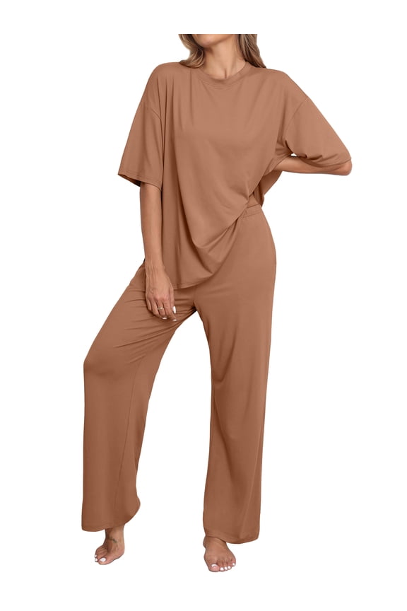 Lounge Sets for Women Knit Short Sleeve Tops and Long Pants Soft Comfy Pajamas Set Oversized 2 Piece Outfits S-2X