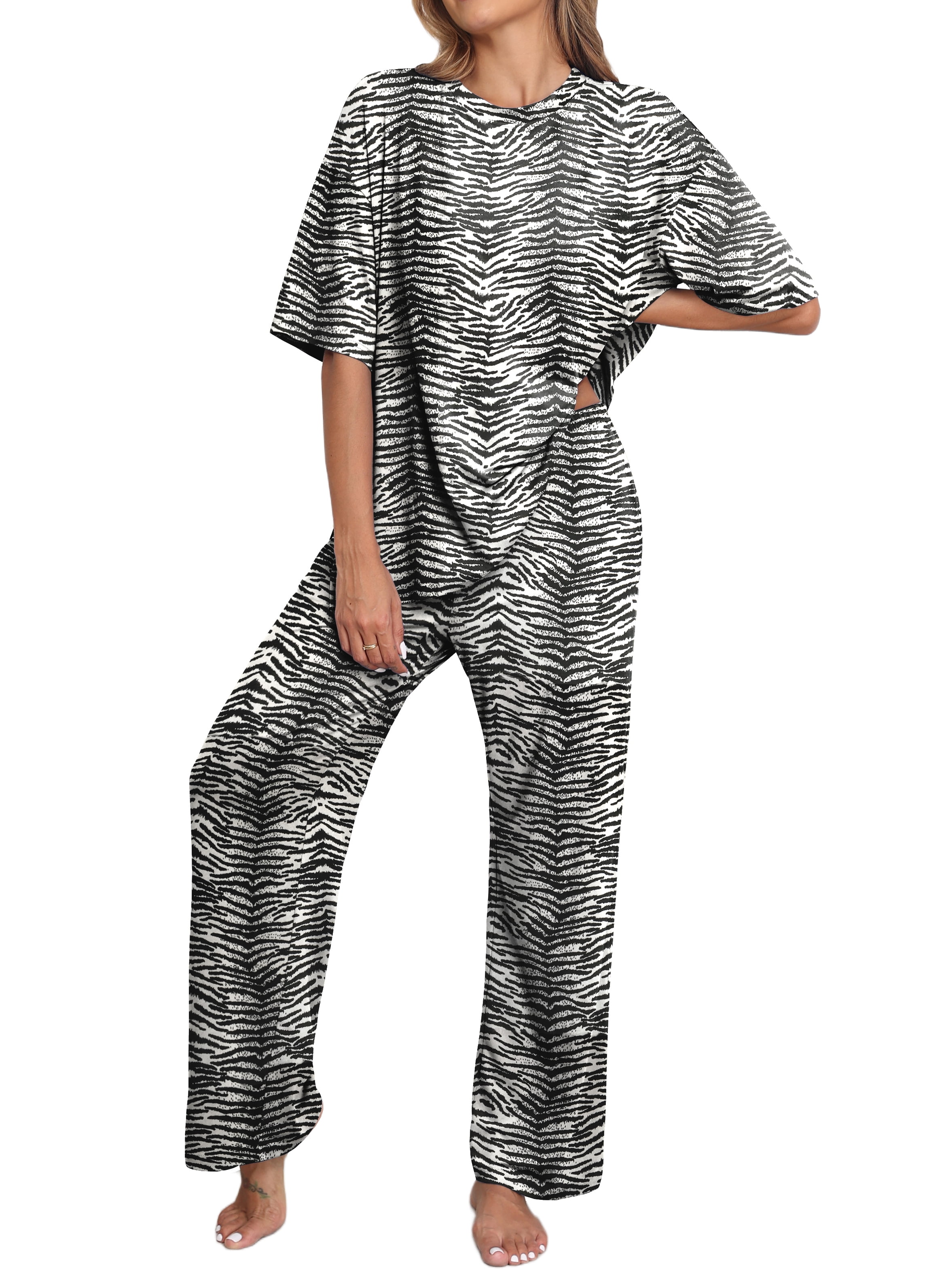 MINTREUS Lounge Sets for Women Knit Short Sleeve V neck Tops and Long Pants Soft Comfy Pajamas Set Oversized 2 Piece Outfits