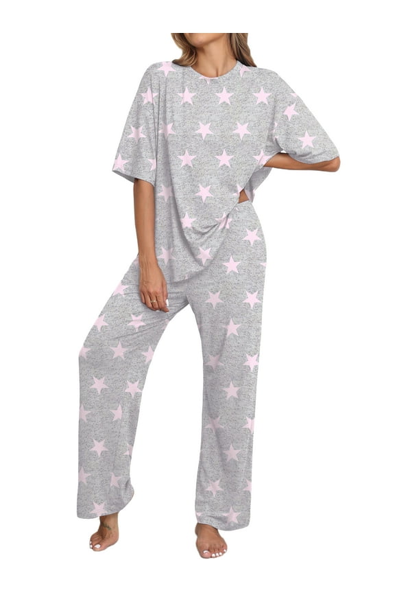 Lounge Sets for Women Knit Short Sleeve Tops and Long Pants Soft Comfy Pajamas Set Oversized 2 Piece Outfits S-2X