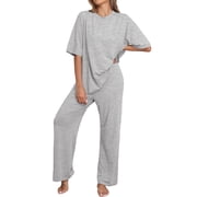 MINTREUS Lounge Sets for Women Knit Short Sleeve Tops and Long Pants Soft Comfy Pajamas Set Oversized 2 Piece Outfits S-4X