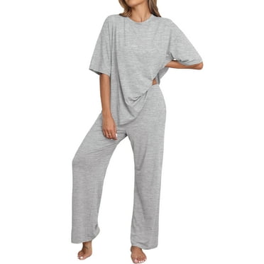 MINTREUS Lounge Sets for Women Knit Short Sleeve Tops and Long Pants Soft Comfy Pajamas Set Oversized 2 Piece Outfits