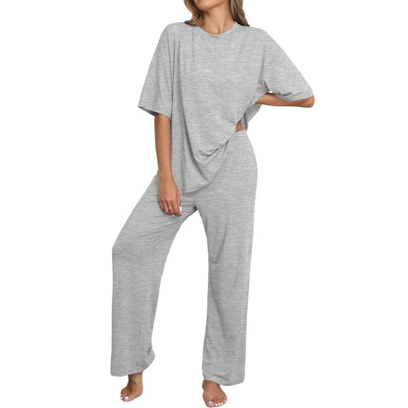 MINTREUS Lounge Sets for Women Knit Short Sleeve Tops and Long Pants Soft Comfy Pajamas Set Oversized 2 Piece Outfits