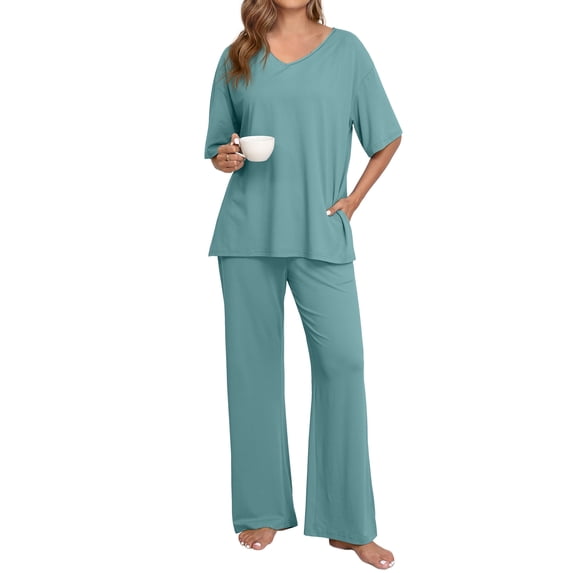MINTREUS Lounge Sets for Women Knit Short Sleeve V-neck Tops and Long Pants Soft Comfy Pajamas Set Oversized 2 Piece Outfits
