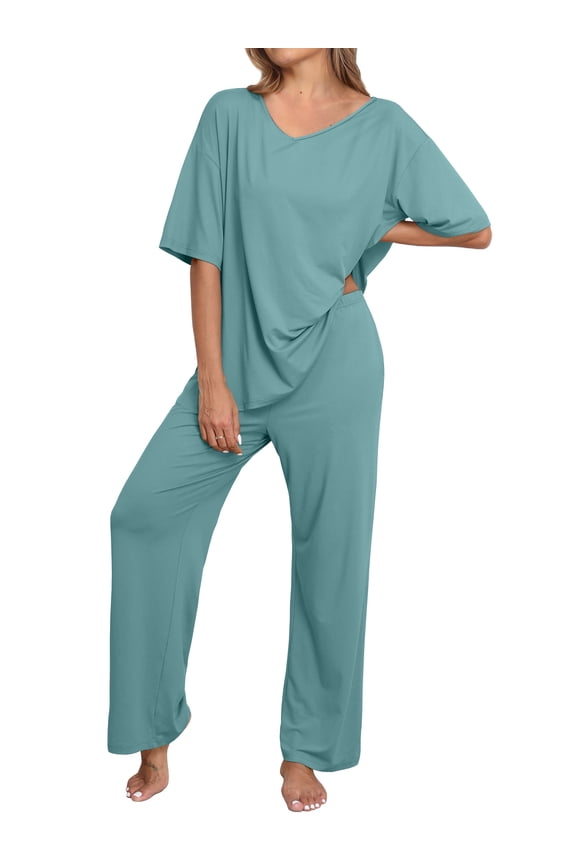 Lounge Sets for Women Knit Short Sleeve V-neck Tops and Long Pants Soft Comfy Pajamas Set Oversized 2 Piece Outfits