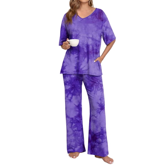 MINTREUS Lounge Sets for Women Knit Short Sleeve V-neck Tops and Long Pants Soft Comfy Pajamas Set Oversized 2 Piece Outfits
