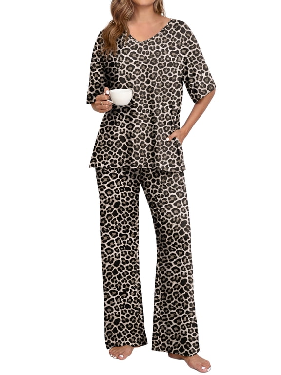 Lounge Sets for Women Knit Short Sleeve V-neck Tops and Long Pants Soft Comfy Pajamas Set Oversized 2 Piece Outfits